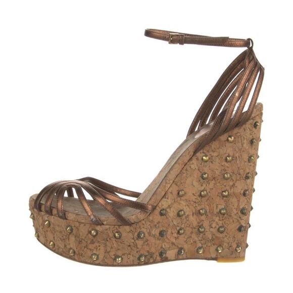 AUTH Gucci Metallic Brown Leather Studded Cork Platform Wedge Sandals Sz EU 40 - Picture 6 of 6